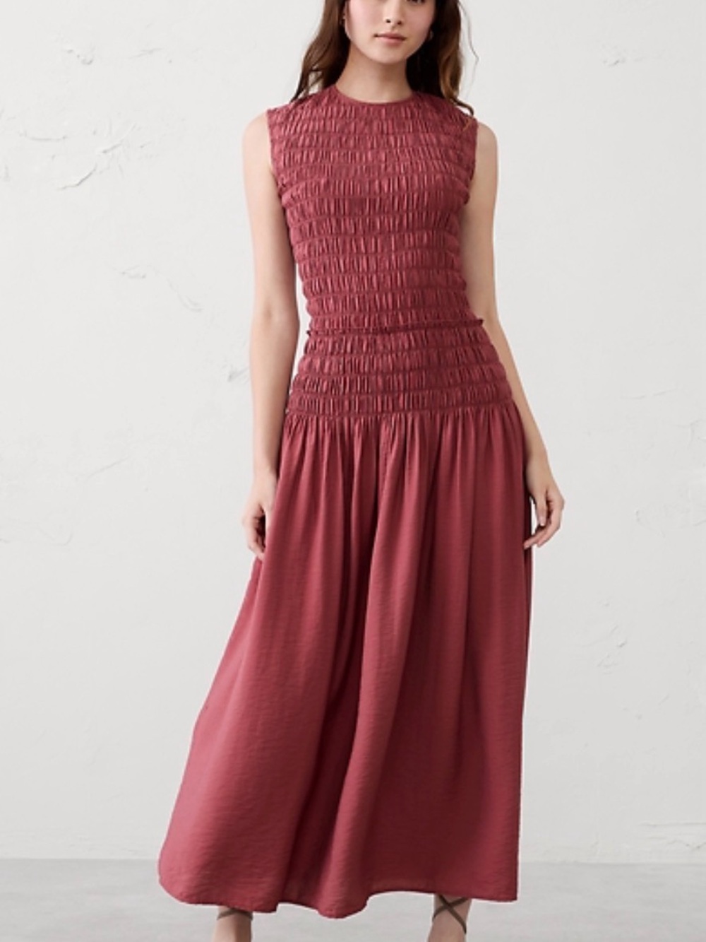 NEW Banana Republic Smocked Bodice Maxi Dress XL Berry Parfait Rayon Linen Blend